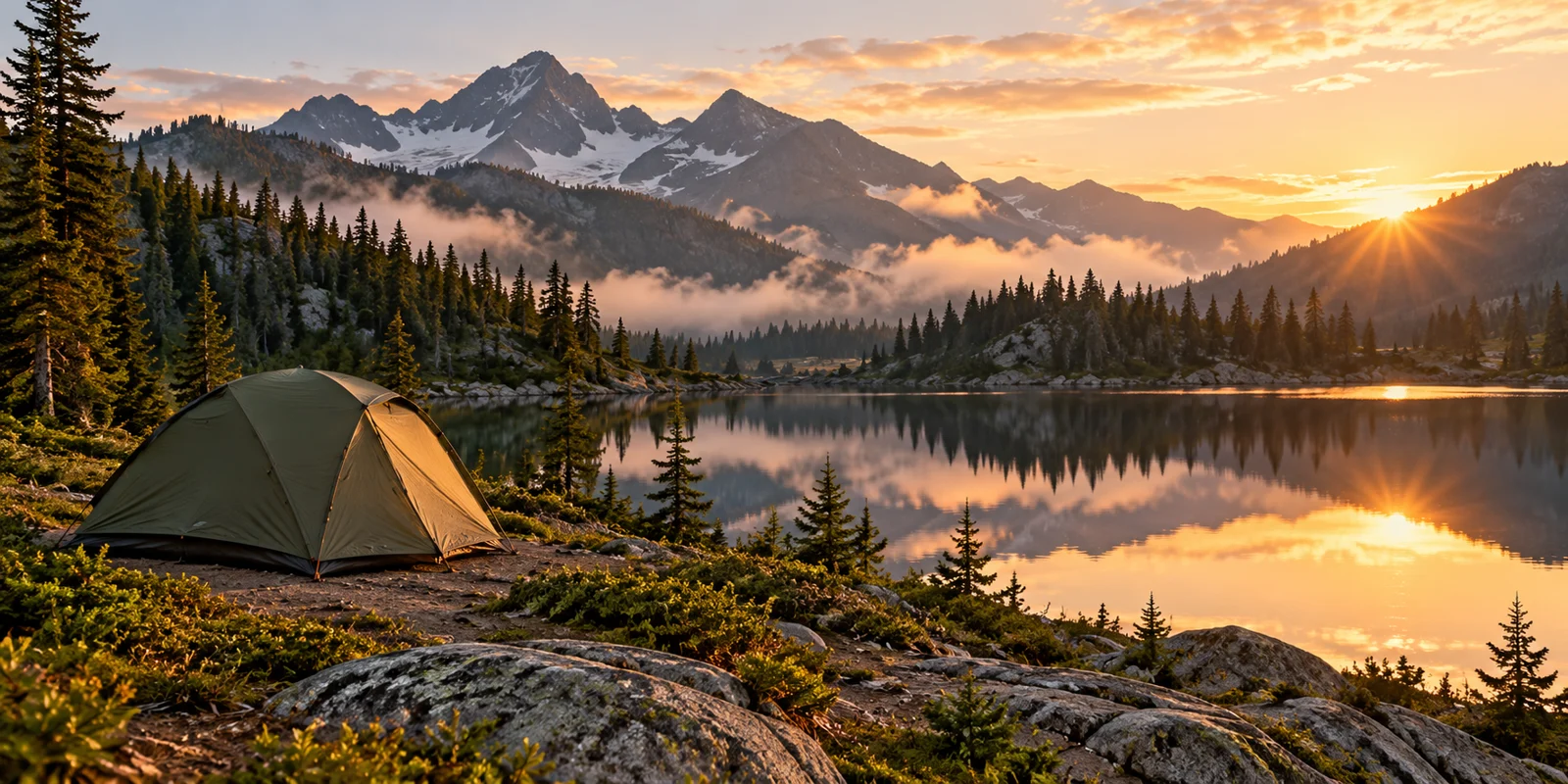 A lakeside campsite beneath alpine mountains
